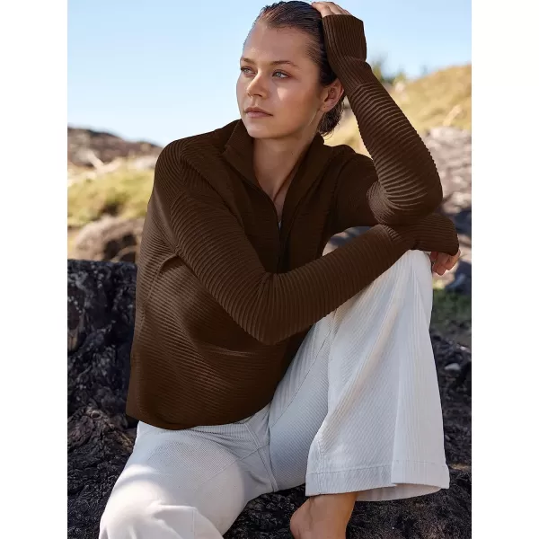 imageANRABESS Womens Long Sleeve Half Zip V Neck Collared Casual Oversized Ribbed Knit Pullover Sweater Thumb HoleCoffee