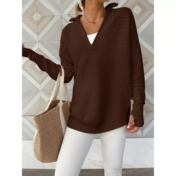 imageANRABESS Womens Long Sleeve Half Zip V Neck Collared Casual Oversized Ribbed Knit Pullover Sweater Thumb HoleCoffee