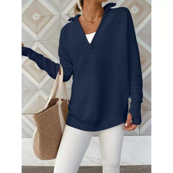 imageANRABESS Womens Long Sleeve Half Zip V Neck Collared Casual Oversized Ribbed Knit Pullover Sweater Thumb HoleDark Blue