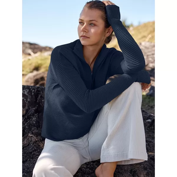 imageANRABESS Womens Long Sleeve Half Zip V Neck Collared Casual Oversized Ribbed Knit Pullover Sweater Thumb HoleDark Blue