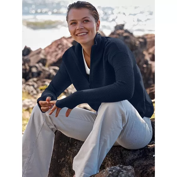 imageANRABESS Womens Long Sleeve Half Zip V Neck Collared Casual Oversized Ribbed Knit Pullover Sweater Thumb HoleDark Blue