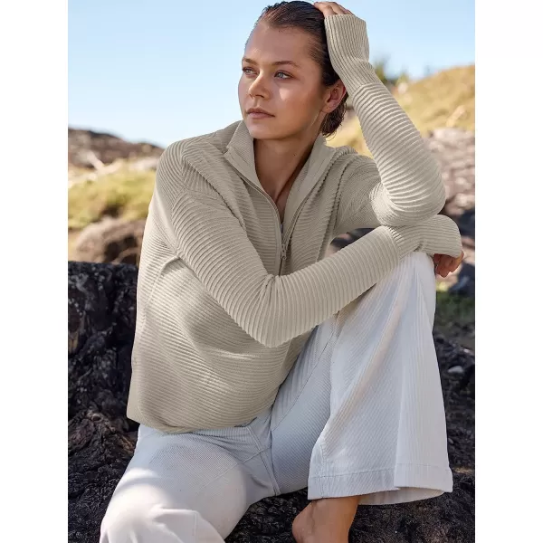 imageANRABESS Womens Long Sleeve Half Zip V Neck Collared Casual Oversized Ribbed Knit Pullover Sweater Thumb HoleGray Apricot