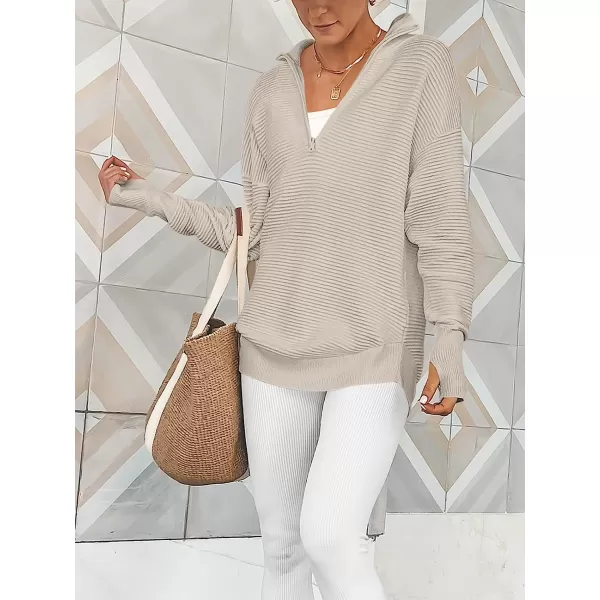 imageANRABESS Womens Long Sleeve Half Zip V Neck Collared Casual Oversized Ribbed Knit Pullover Sweater Thumb HoleGray Apricot
