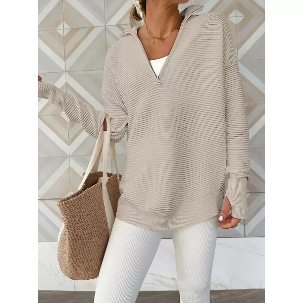 imageANRABESS Womens Long Sleeve Half Zip V Neck Collared Casual Oversized Ribbed Knit Pullover Sweater Thumb HoleGray Apricot