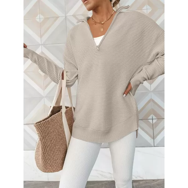 imageANRABESS Womens Long Sleeve Half Zip V Neck Collared Casual Oversized Ribbed Knit Pullover Sweater Thumb HoleGray Apricot