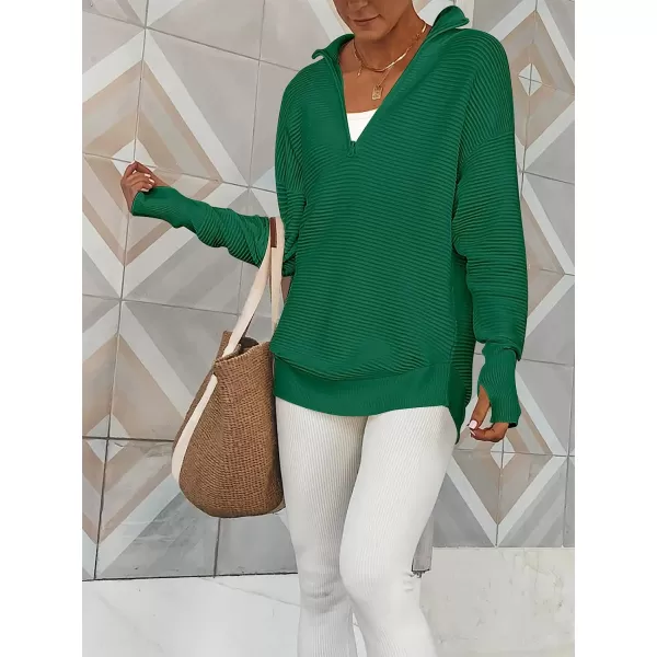 imageANRABESS Womens Long Sleeve Half Zip V Neck Collared Casual Oversized Ribbed Knit Pullover Sweater Thumb HoleGreen
