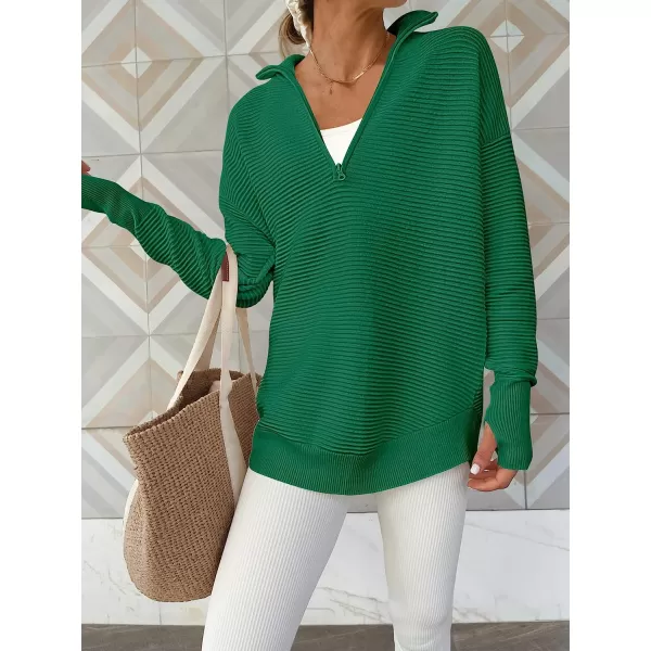 imageANRABESS Womens Long Sleeve Half Zip V Neck Collared Casual Oversized Ribbed Knit Pullover Sweater Thumb HoleGreen