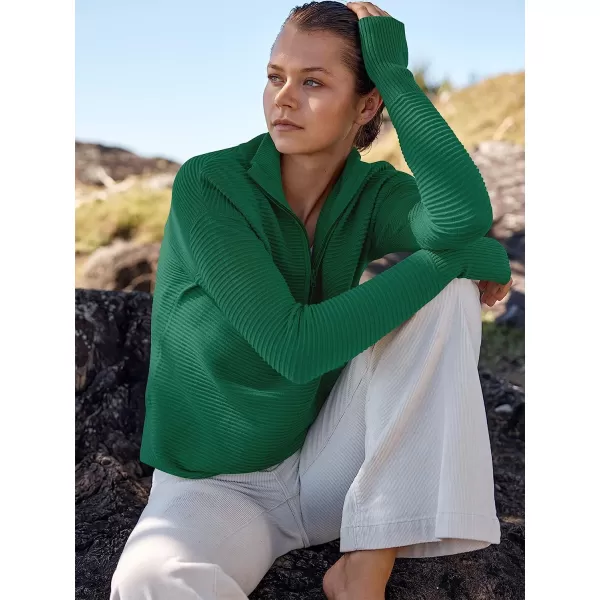imageANRABESS Womens Long Sleeve Half Zip V Neck Collared Casual Oversized Ribbed Knit Pullover Sweater Thumb HoleGreen