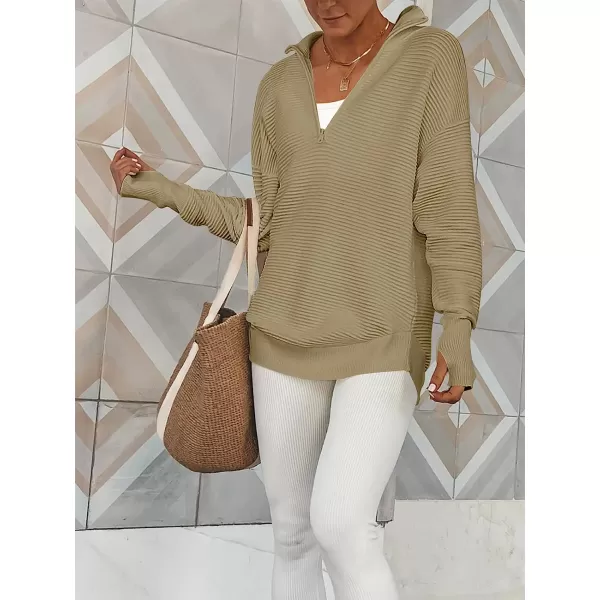 imageANRABESS Womens Long Sleeve Half Zip V Neck Collared Casual Oversized Ribbed Knit Pullover Sweater Thumb HoleKhaki