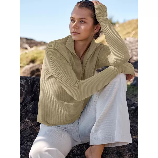imageANRABESS Womens Long Sleeve Half Zip V Neck Collared Casual Oversized Ribbed Knit Pullover Sweater Thumb HoleKhaki