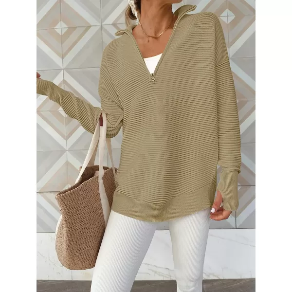 imageANRABESS Womens Long Sleeve Half Zip V Neck Collared Casual Oversized Ribbed Knit Pullover Sweater Thumb HoleKhaki