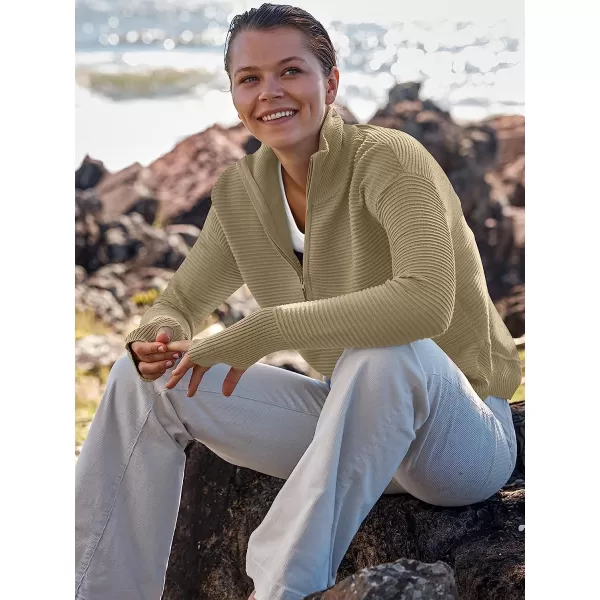 imageANRABESS Womens Long Sleeve Half Zip V Neck Collared Casual Oversized Ribbed Knit Pullover Sweater Thumb HoleKhaki