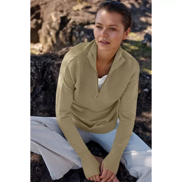 imageANRABESS Womens Long Sleeve Half Zip V Neck Collared Casual Oversized Ribbed Knit Pullover Sweater Thumb HoleKhaki