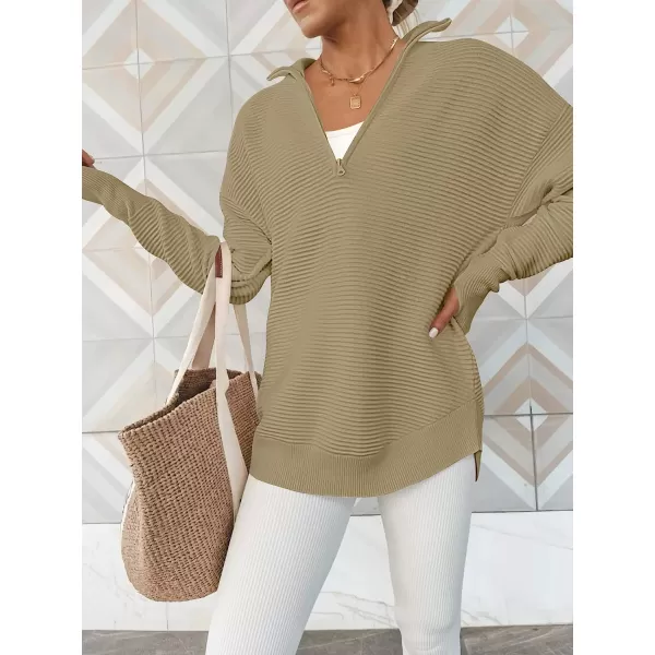 imageANRABESS Womens Long Sleeve Half Zip V Neck Collared Casual Oversized Ribbed Knit Pullover Sweater Thumb HoleKhaki