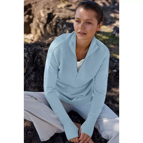 imageANRABESS Womens Long Sleeve Half Zip V Neck Collared Casual Oversized Ribbed Knit Pullover Sweater Thumb HoleLight Blue