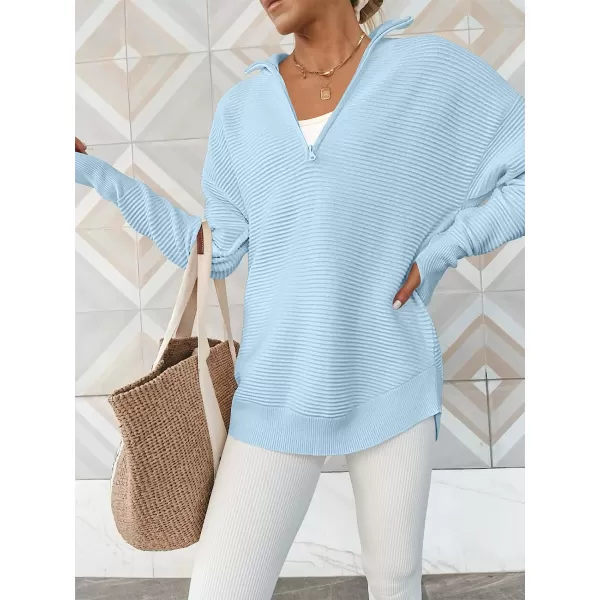imageANRABESS Womens Long Sleeve Half Zip V Neck Collared Casual Oversized Ribbed Knit Pullover Sweater Thumb HoleLight Blue