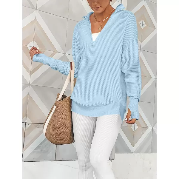 imageANRABESS Womens Long Sleeve Half Zip V Neck Collared Casual Oversized Ribbed Knit Pullover Sweater Thumb HoleLight Blue