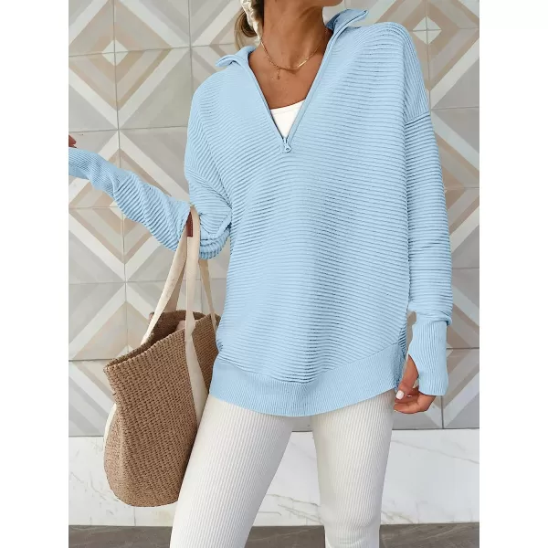 imageANRABESS Womens Long Sleeve Half Zip V Neck Collared Casual Oversized Ribbed Knit Pullover Sweater Thumb HoleLight Blue