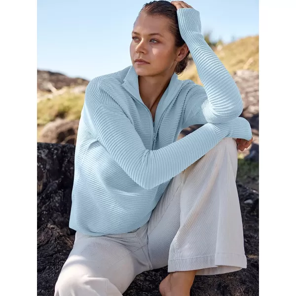 imageANRABESS Womens Long Sleeve Half Zip V Neck Collared Casual Oversized Ribbed Knit Pullover Sweater Thumb HoleLight Blue