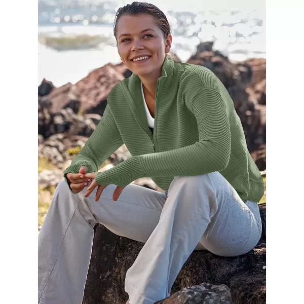 imageANRABESS Womens Long Sleeve Half Zip V Neck Collared Casual Oversized Ribbed Knit Pullover Sweater Thumb HoleLight Green