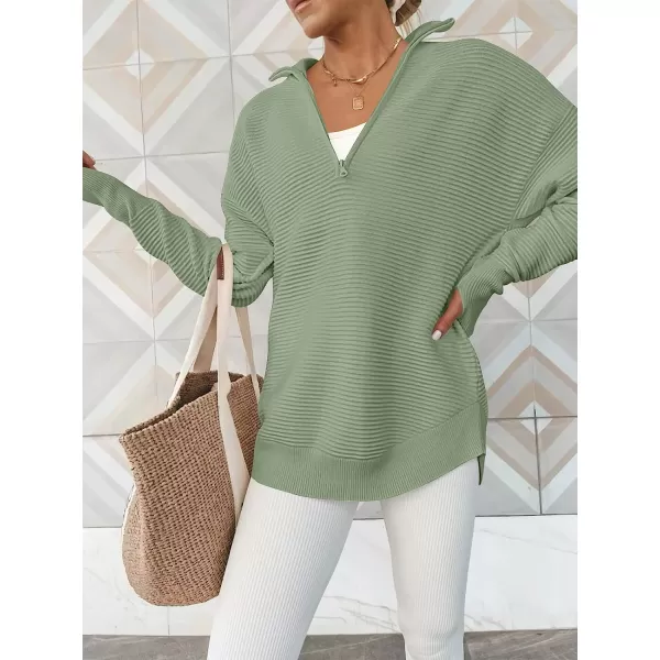 imageANRABESS Womens Long Sleeve Half Zip V Neck Collared Casual Oversized Ribbed Knit Pullover Sweater Thumb HoleLight Green