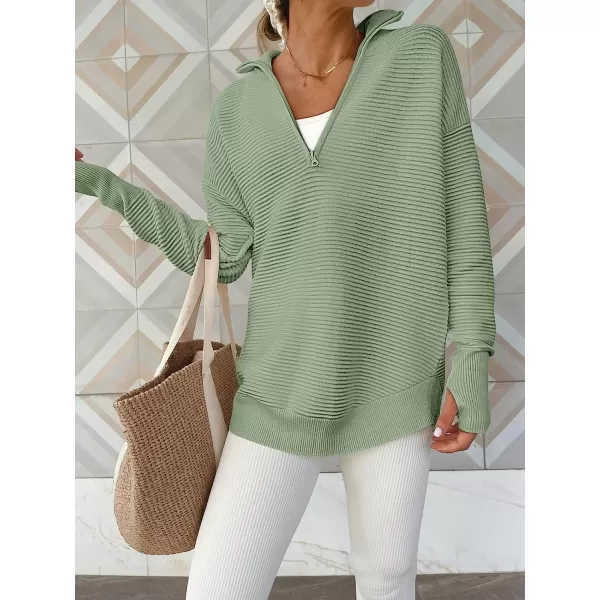 imageANRABESS Womens Long Sleeve Half Zip V Neck Collared Casual Oversized Ribbed Knit Pullover Sweater Thumb HoleLight Green