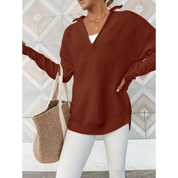 imageANRABESS Womens Long Sleeve Half Zip V Neck Collared Casual Oversized Ribbed Knit Pullover Sweater Thumb HoleRust