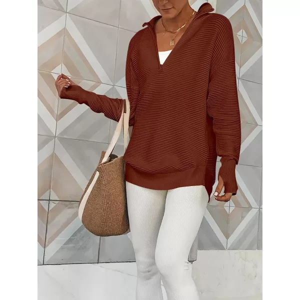 imageANRABESS Womens Long Sleeve Half Zip V Neck Collared Casual Oversized Ribbed Knit Pullover Sweater Thumb HoleRust