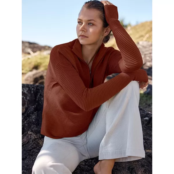 imageANRABESS Womens Long Sleeve Half Zip V Neck Collared Casual Oversized Ribbed Knit Pullover Sweater Thumb HoleRust