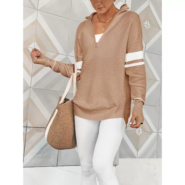 imageANRABESS Womens Long Sleeve Half Zip V Neck Collared Casual Oversized Ribbed Knit Pullover Sweater Thumb HoleStripebeige