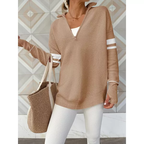 imageANRABESS Womens Long Sleeve Half Zip V Neck Collared Casual Oversized Ribbed Knit Pullover Sweater Thumb HoleStripebeige