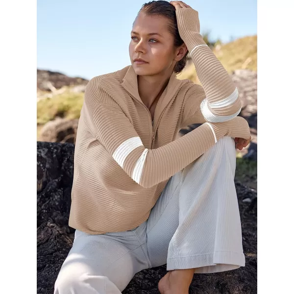imageANRABESS Womens Long Sleeve Half Zip V Neck Collared Casual Oversized Ribbed Knit Pullover Sweater Thumb HoleStripebeige
