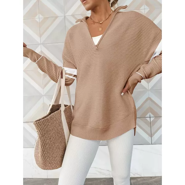 imageANRABESS Womens Long Sleeve Half Zip V Neck Collared Casual Oversized Ribbed Knit Pullover Sweater Thumb HoleStripebeige