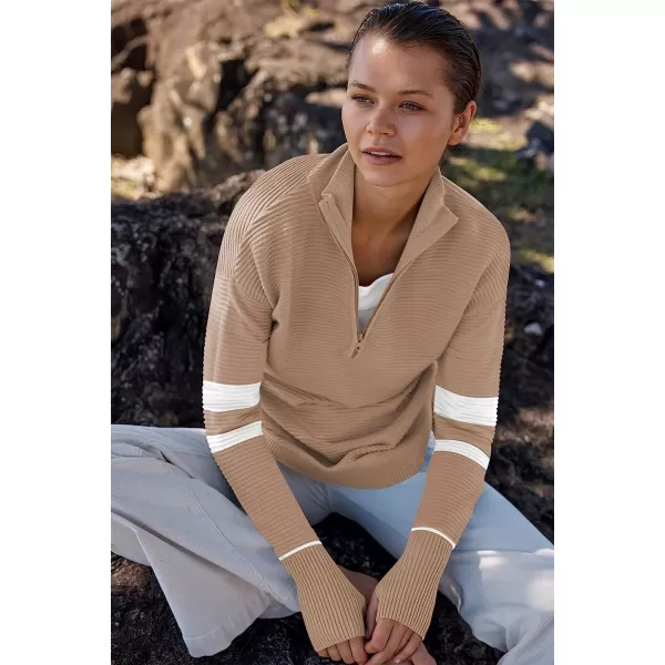imageANRABESS Womens Long Sleeve Half Zip V Neck Collared Casual Oversized Ribbed Knit Pullover Sweater Thumb HoleStripebeige