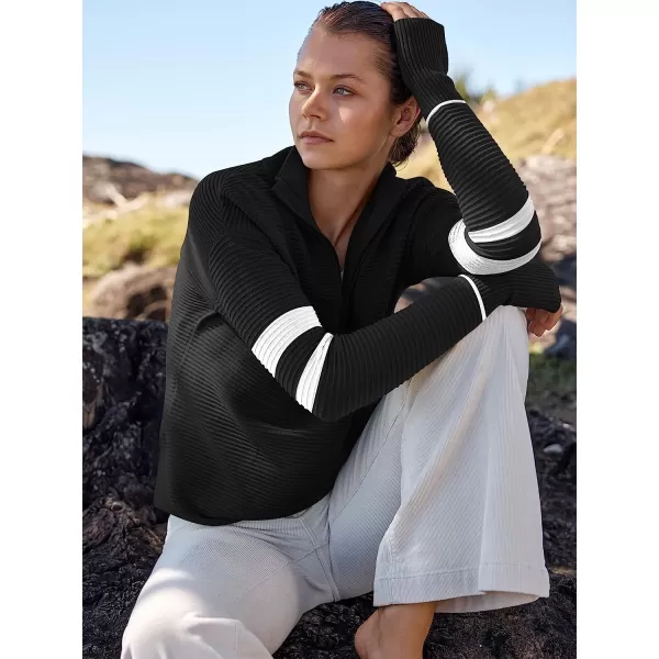 imageANRABESS Womens Long Sleeve Half Zip V Neck Collared Casual Oversized Ribbed Knit Pullover Sweater Thumb HoleStripeblack