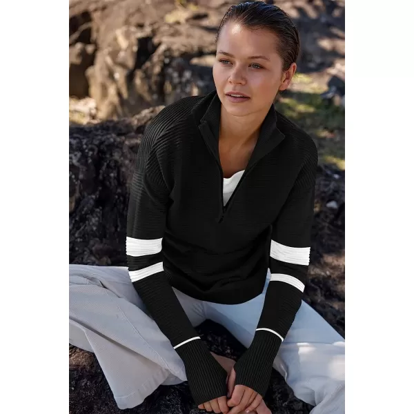 imageANRABESS Womens Long Sleeve Half Zip V Neck Collared Casual Oversized Ribbed Knit Pullover Sweater Thumb HoleStripeblack