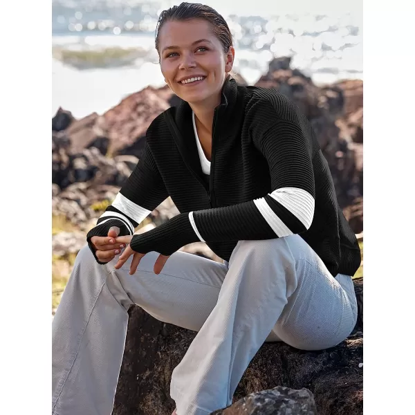 imageANRABESS Womens Long Sleeve Half Zip V Neck Collared Casual Oversized Ribbed Knit Pullover Sweater Thumb HoleStripeblack