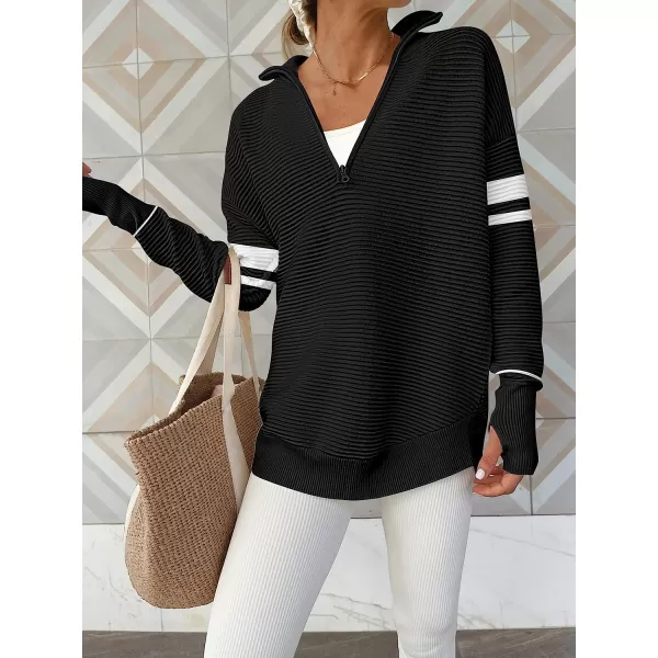 imageANRABESS Womens Long Sleeve Half Zip V Neck Collared Casual Oversized Ribbed Knit Pullover Sweater Thumb HoleStripeblack
