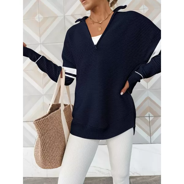imageANRABESS Womens Long Sleeve Half Zip V Neck Collared Casual Oversized Ribbed Knit Pullover Sweater Thumb HoleStripeblue