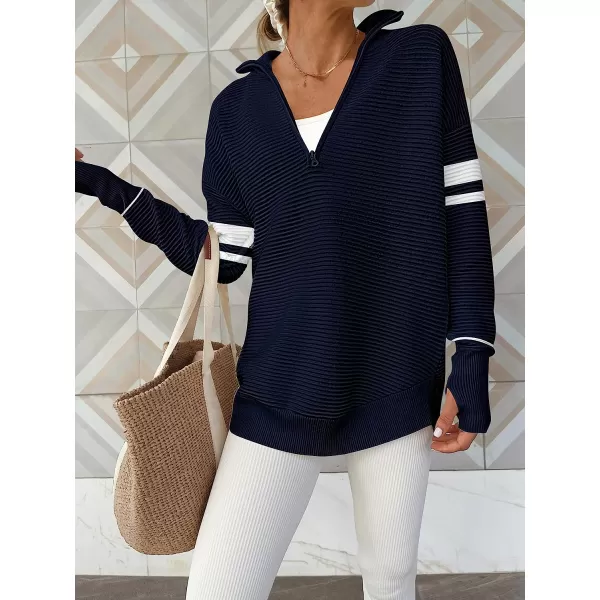 imageANRABESS Womens Long Sleeve Half Zip V Neck Collared Casual Oversized Ribbed Knit Pullover Sweater Thumb HoleStripeblue