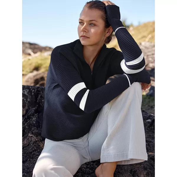 imageANRABESS Womens Long Sleeve Half Zip V Neck Collared Casual Oversized Ribbed Knit Pullover Sweater Thumb HoleStripeblue
