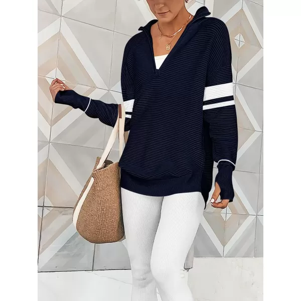 imageANRABESS Womens Long Sleeve Half Zip V Neck Collared Casual Oversized Ribbed Knit Pullover Sweater Thumb HoleStripeblue
