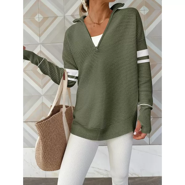 imageANRABESS Womens Long Sleeve Half Zip V Neck Collared Casual Oversized Ribbed Knit Pullover Sweater Thumb HoleStripegreen