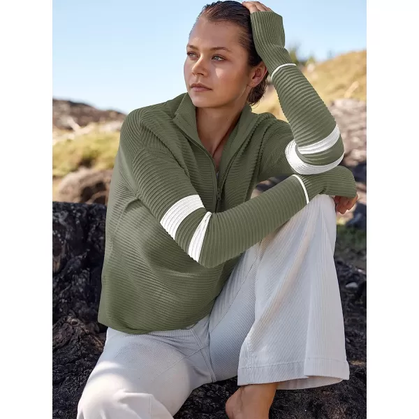 imageANRABESS Womens Long Sleeve Half Zip V Neck Collared Casual Oversized Ribbed Knit Pullover Sweater Thumb HoleStripegreen