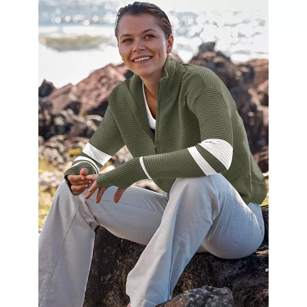 imageANRABESS Womens Long Sleeve Half Zip V Neck Collared Casual Oversized Ribbed Knit Pullover Sweater Thumb HoleStripegreen