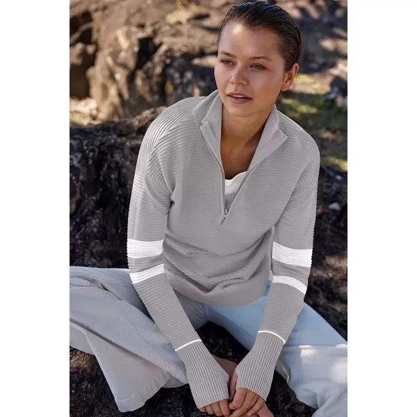 imageANRABESS Womens Long Sleeve Half Zip V Neck Collared Casual Oversized Ribbed Knit Pullover Sweater Thumb HoleStripegrey