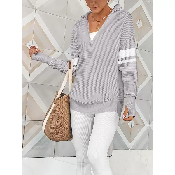 imageANRABESS Womens Long Sleeve Half Zip V Neck Collared Casual Oversized Ribbed Knit Pullover Sweater Thumb HoleStripegrey