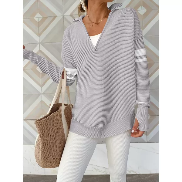 imageANRABESS Womens Long Sleeve Half Zip V Neck Collared Casual Oversized Ribbed Knit Pullover Sweater Thumb HoleStripegrey