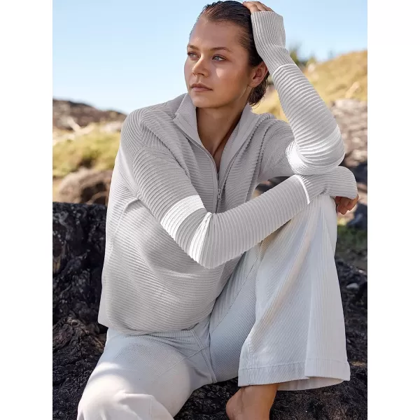 imageANRABESS Womens Long Sleeve Half Zip V Neck Collared Casual Oversized Ribbed Knit Pullover Sweater Thumb HoleStripegrey