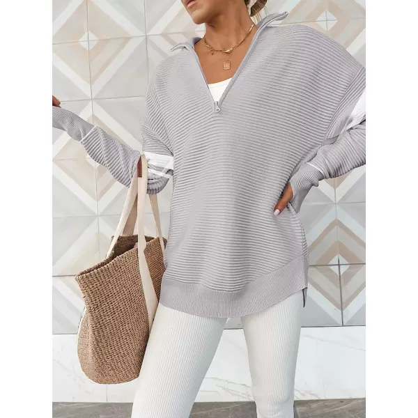 imageANRABESS Womens Long Sleeve Half Zip V Neck Collared Casual Oversized Ribbed Knit Pullover Sweater Thumb HoleStripegrey